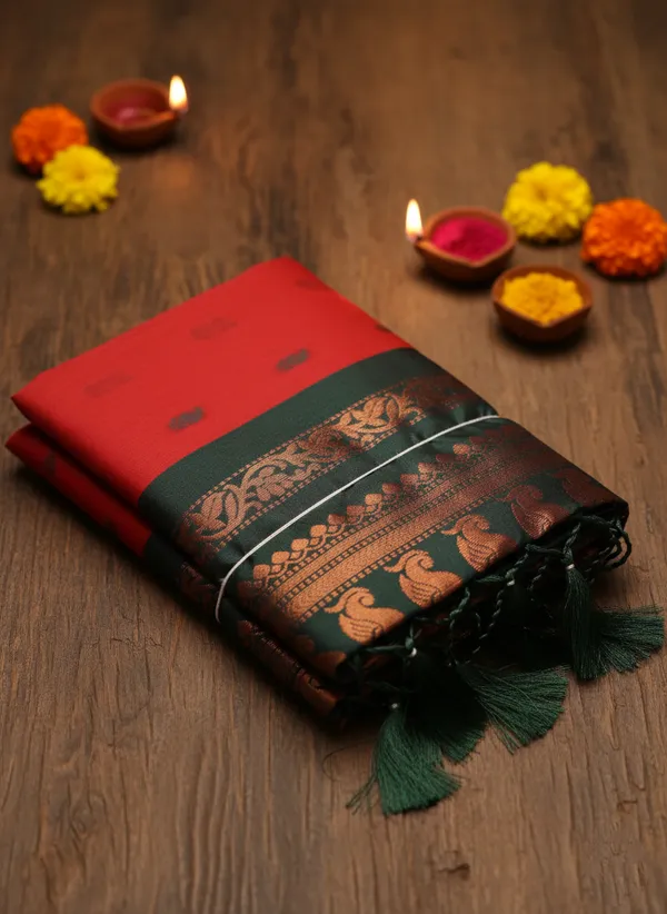 Red_Pure_Kalyani_Cotton_Saree_With_Unstitched_Blouse_Piece_For_Women