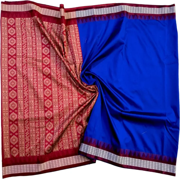 Blue_Silk_Blend_Solid_&_Temple_Border_Pure_Sambalpuri_Saree_With_Unstitched_Blouse_Piece_For_Women