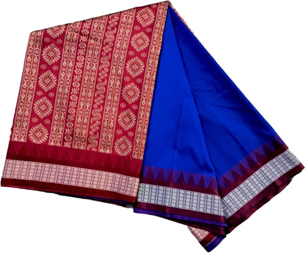 Blue_Silk_Blend_Solid_&_Temple_Border_Pure_Sambalpuri_Saree_With_Unstitched_Blouse_Piece_For_Women