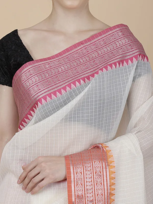 Cream_Organza_Supernet_Checkered_Pure_Handloom_Saree_With_Unstitched_Blouse_Piece_For_Women