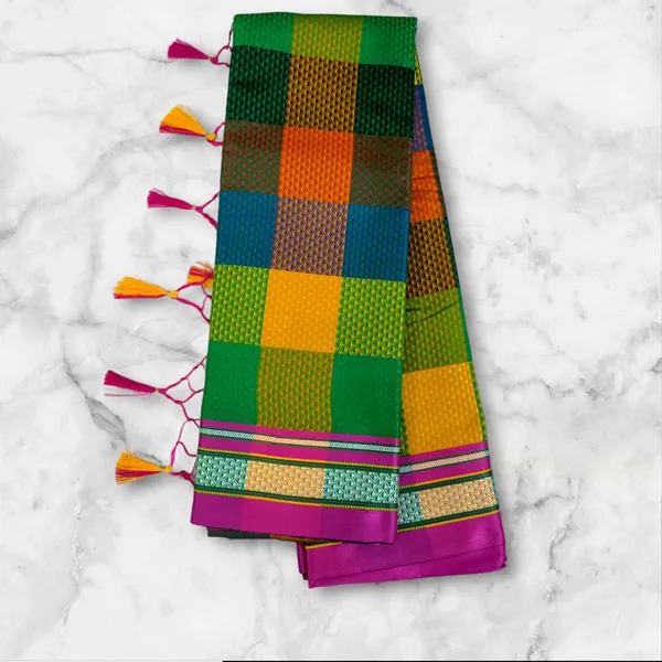 Multicolor_Cotton_Blend_Checkered_Blend_Ilkal_Saree_With_Unstitched_Blouse_Piece_For_Women