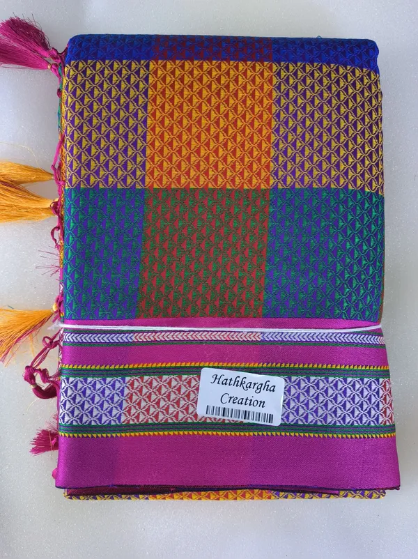 Multicolor_Cotton_Blend_Checkered_Blend_Ilkal_Saree_With_Unstitched_Blouse_Piece_For_Women