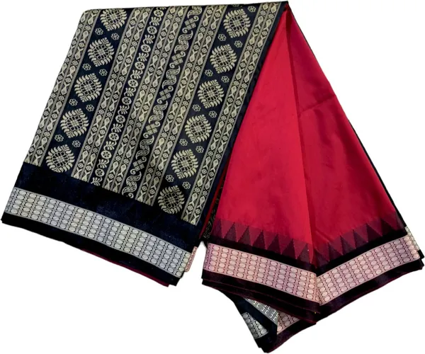 Red_Silk_Blend_Solid_&_Temple_Border_Pure_Sambalpuri_Saree_With_Unstitched_Blouse_Piece_For_Women