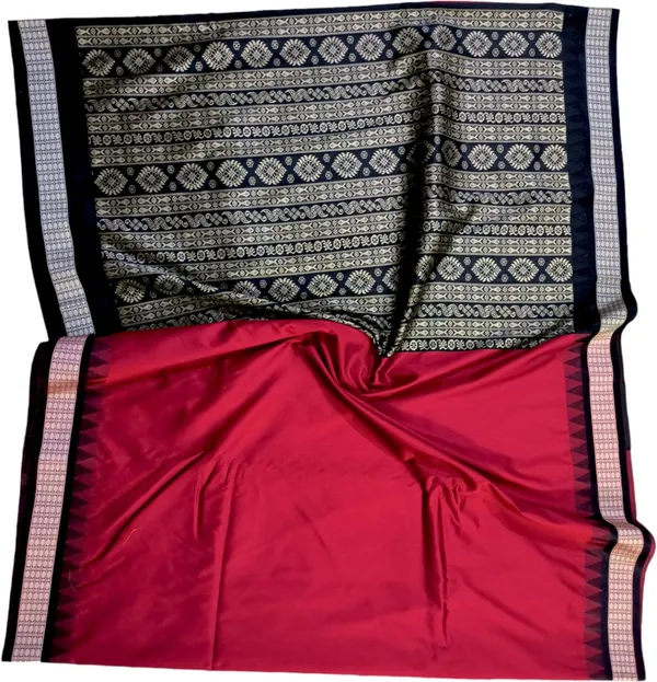 Red_Silk_Blend_Solid_&_Temple_Border_Pure_Sambalpuri_Saree_With_Unstitched_Blouse_Piece_For_Women