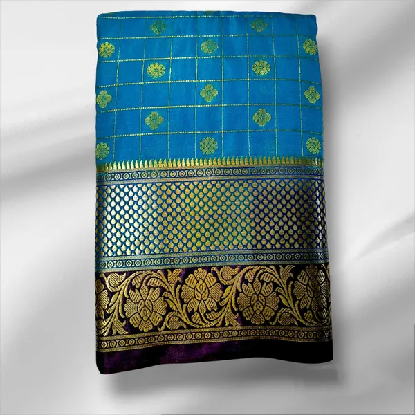 Multicolor_Satin_Checkered_&_Woven_Blend_Kanjivaram_Saree_With_Unstitched_Blouse_Piece_For_Women