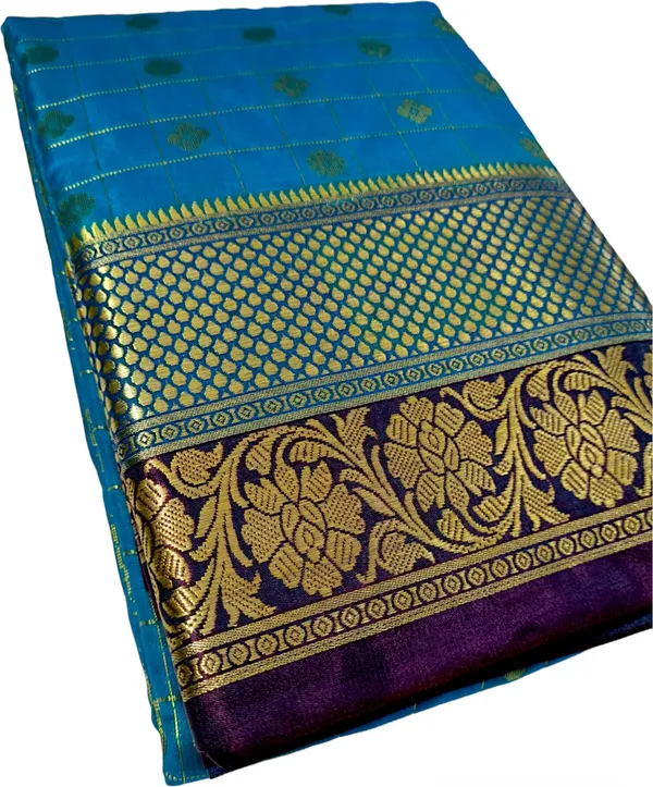 Multicolor_Satin_Checkered_&_Woven_Blend_Kanjivaram_Saree_With_Unstitched_Blouse_Piece_For_Women