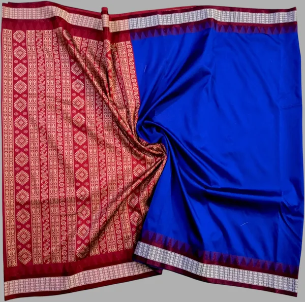 Blue_Silk_Blend_Solid_&_Temple_Border_Pure_Sambalpuri_Saree_With_Unstitched_Blouse_Piece_For_Women