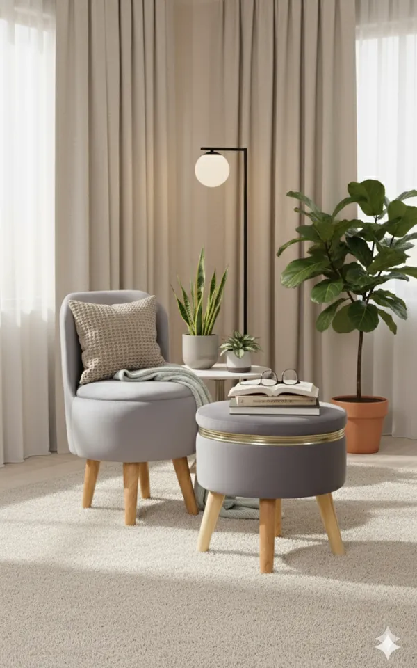 Grey_Velvet_Ottoman_Chair_&_Pouf_Set_for_Living_Room_|_Modern_Upholstered_Accent_Chair_with_Footrest_Stool,_Wooden_Legs,_Comfortable_Lounge_Seating_for_Bedroom,_Balcony_&_Home_Decor_|_Ottoman_Chair_Set_for_Relaxing_&_Reading