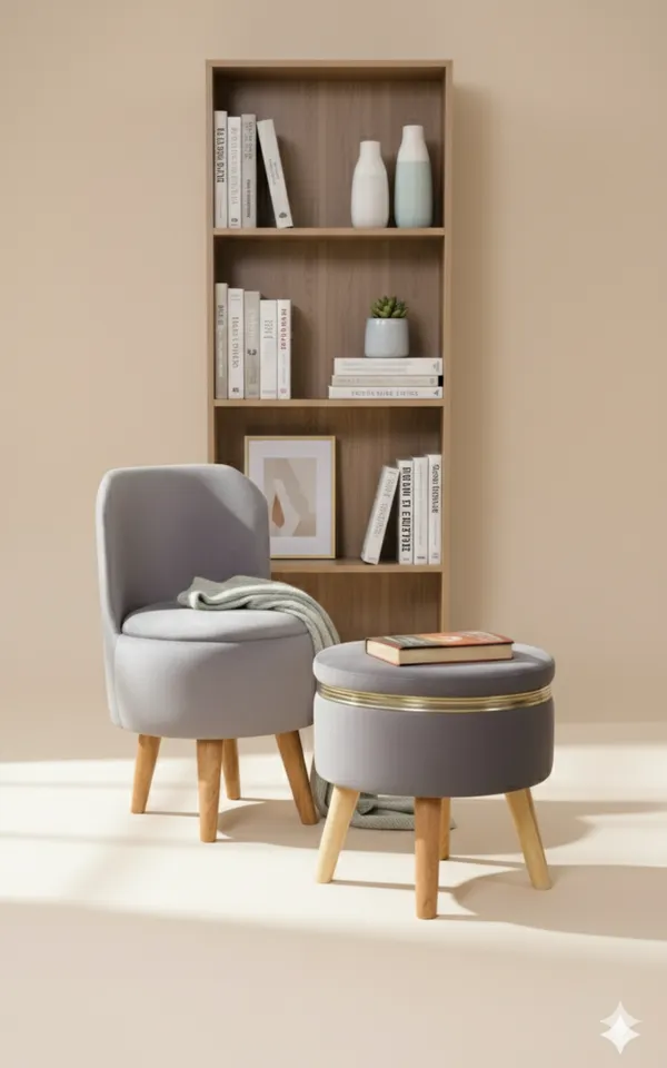 Grey_Velvet_Ottoman_Chair_&_Pouf_Set_for_Living_Room_|_Modern_Upholstered_Accent_Chair_with_Footrest_Stool,_Wooden_Legs,_Comfortable_Lounge_Seating_for_Bedroom,_Balcony_&_Home_Decor_|_Ottoman_Chair_Set_for_Relaxing_&_Reading