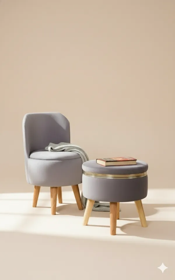 Grey_Velvet_Ottoman_Chair_&_Pouf_Set_for_Living_Room_|_Modern_Upholstered_Accent_Chair_with_Footrest_Stool,_Wooden_Legs,_Comfortable_Lounge_Seating_for_Bedroom,_Balcony_&_Home_Decor_|_Ottoman_Chair_Set_for_Relaxing_&_Reading