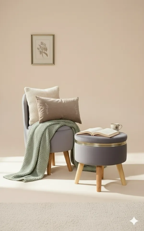 Grey_Velvet_Ottoman_Chair_&_Pouf_Set_for_Living_Room_|_Modern_Upholstered_Accent_Chair_with_Footrest_Stool,_Wooden_Legs,_Comfortable_Lounge_Seating_for_Bedroom,_Balcony_&_Home_Decor_|_Ottoman_Chair_Set_for_Relaxing_&_Reading