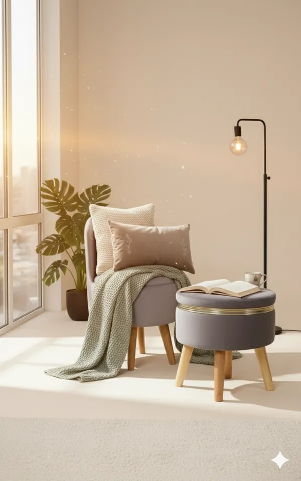 Grey_Velvet_Ottoman_Chair_&_Pouf_Set_for_Living_Room_|_Modern_Upholstered_Accent_Chair_with_Footrest_Stool,_Wooden_Legs,_Comfortable_Lounge_Seating_for_Bedroom,_Balcony_&_Home_Decor_|_Ottoman_Chair_Set_for_Relaxing_&_Reading