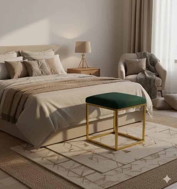 Green_Luxe_Velvet_Stool,_Elegant_Gold_Wrought_Iron_Base,_Soft_Designer_Seating,Green