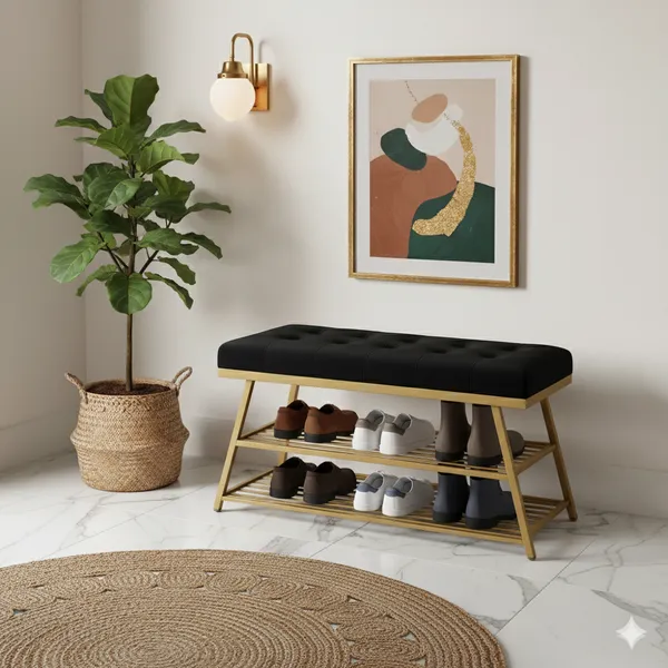 Black_Comfortable_Seating_Bench_and_2-Tier_Shoe_Storage_Organizer_for_Hallway_or_Entryway