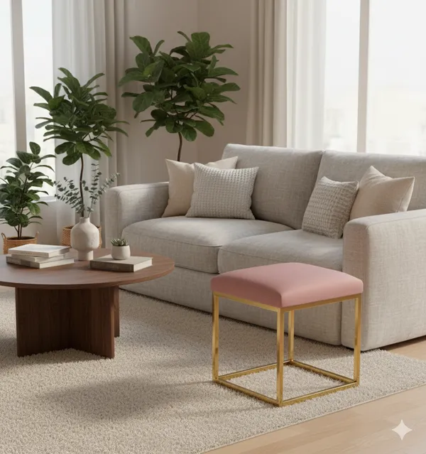 Pink_Luxe_Velvet_Stool,_Elegant_Gold_Wrought_Iron_Base,_Soft_Designer_Seating,PINK