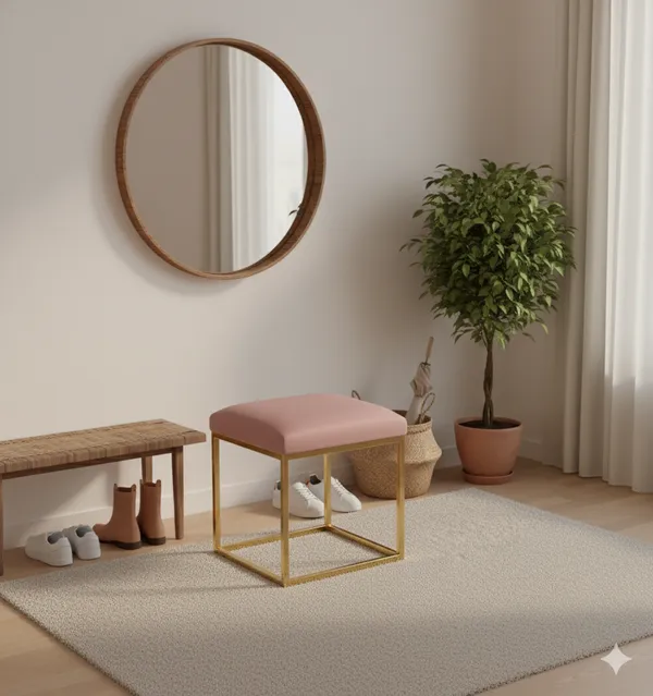 Pink_Luxe_Velvet_Stool,_Elegant_Gold_Wrought_Iron_Base,_Soft_Designer_Seating,PINK