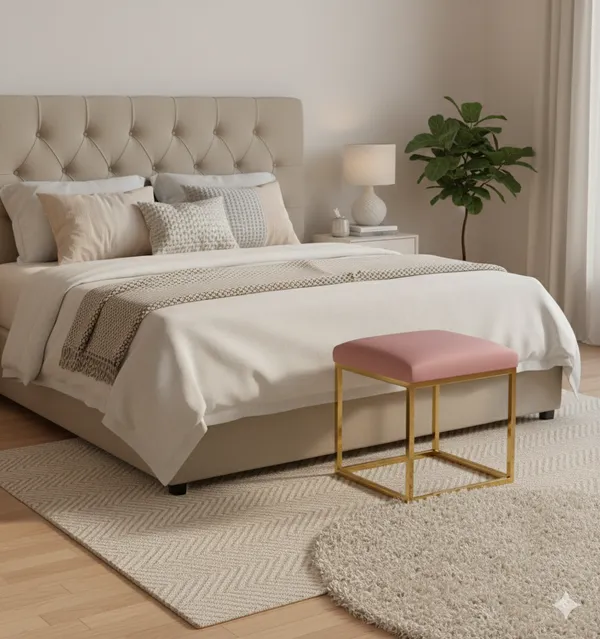 Pink_Luxe_Velvet_Stool,_Elegant_Gold_Wrought_Iron_Base,_Soft_Designer_Seating,PINK