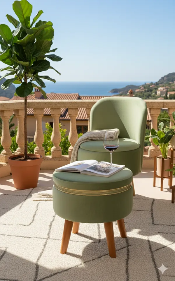 Green_Velvet_Ottoman_Chair_&_Pouf_Set_for_Living_Room_|_Modern_Upholstered_Accent_Chair_with_Footrest_Stool,_Wooden_Legs,_Comfortable_Lounge_Seating_for_Bedroom,_Balcony_&_Home_Decor_|_Ottoman_Chair_Set_for_Relaxing_&_Reading
