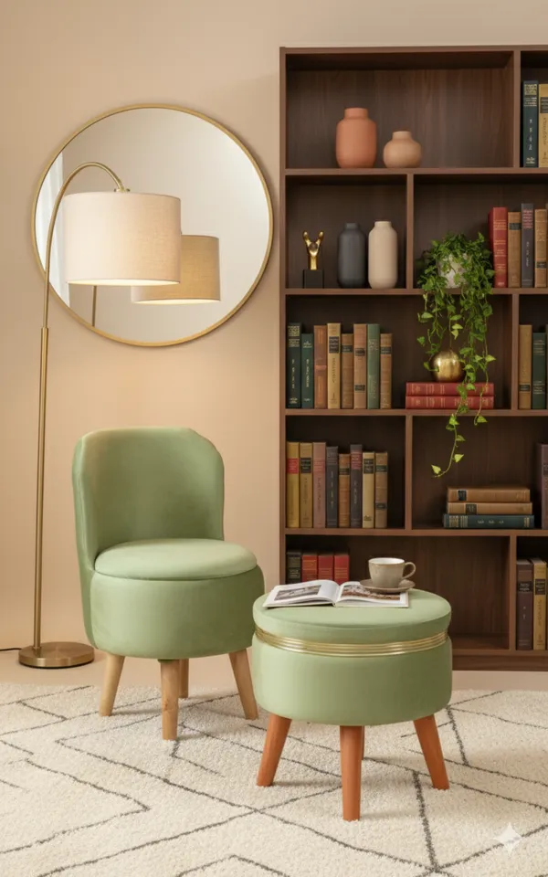 Green_Velvet_Ottoman_Chair_&_Pouf_Set_for_Living_Room_|_Modern_Upholstered_Accent_Chair_with_Footrest_Stool,_Wooden_Legs,_Comfortable_Lounge_Seating_for_Bedroom,_Balcony_&_Home_Decor_|_Ottoman_Chair_Set_for_Relaxing_&_Reading