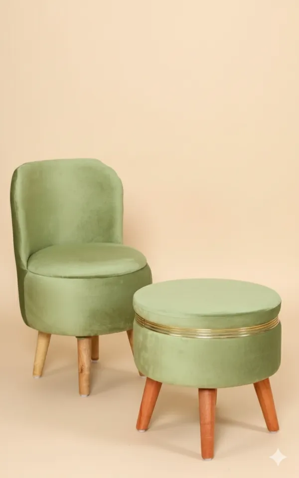Green_Velvet_Ottoman_Chair_&_Pouf_Set_for_Living_Room_|_Modern_Upholstered_Accent_Chair_with_Footrest_Stool,_Wooden_Legs,_Comfortable_Lounge_Seating_for_Bedroom,_Balcony_&_Home_Decor_|_Ottoman_Chair_Set_for_Relaxing_&_Reading