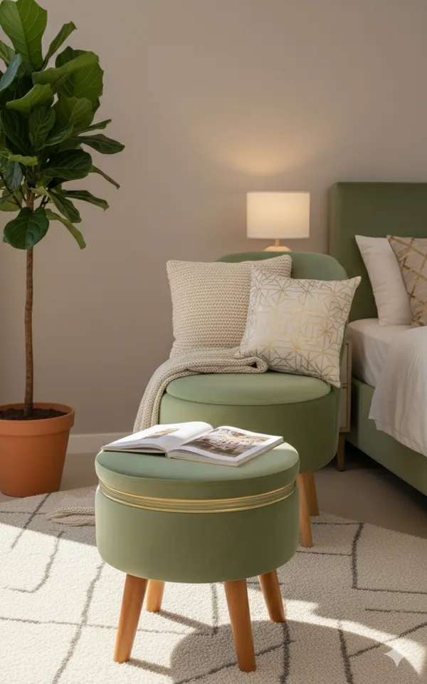 Green_Velvet_Ottoman_Chair_&_Pouf_Set_for_Living_Room_|_Modern_Upholstered_Accent_Chair_with_Footrest_Stool,_Wooden_Legs,_Comfortable_Lounge_Seating_for_Bedroom,_Balcony_&_Home_Decor_|_Ottoman_Chair_Set_for_Relaxing_&_Reading