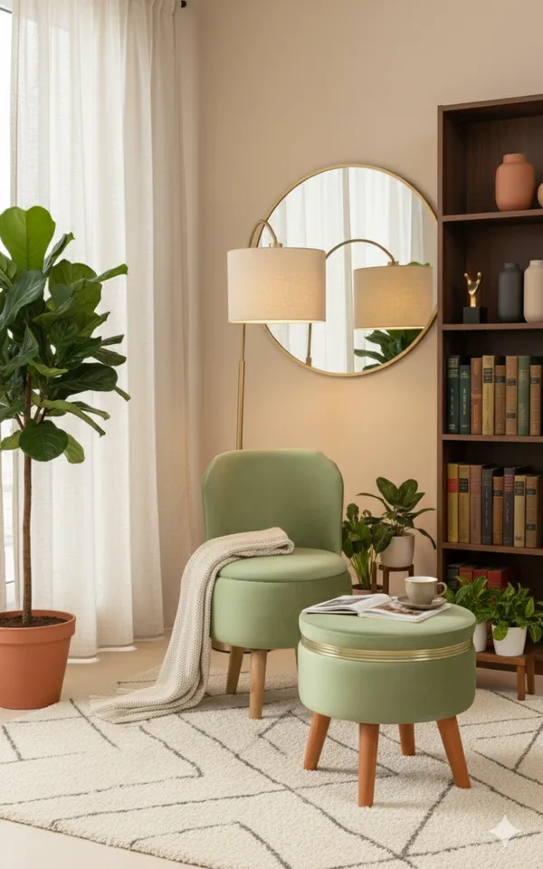 Green_Velvet_Ottoman_Chair_&_Pouf_Set_for_Living_Room_|_Modern_Upholstered_Accent_Chair_with_Footrest_Stool,_Wooden_Legs,_Comfortable_Lounge_Seating_for_Bedroom,_Balcony_&_Home_Decor_|_Ottoman_Chair_Set_for_Relaxing_&_Reading