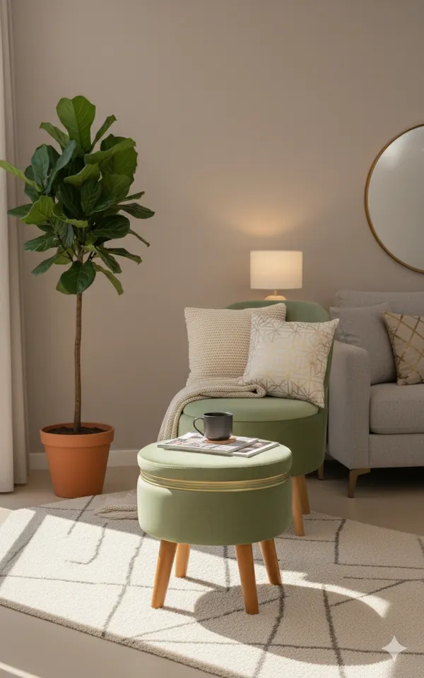 Green_Velvet_Ottoman_Chair_&_Pouf_Set_for_Living_Room_|_Modern_Upholstered_Accent_Chair_with_Footrest_Stool,_Wooden_Legs,_Comfortable_Lounge_Seating_for_Bedroom,_Balcony_&_Home_Decor_|_Ottoman_Chair_Set_for_Relaxing_&_Reading