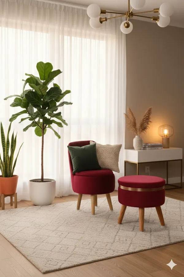 Maroon_Velvet_Ottoman_Chair_&_Pouf_Set_for_Living_Room_|_Modern_Upholstered_Accent_Chair_with_Footrest_Stool,_Wooden_Legs,_Comfortable_Lounge_Seating_for_Bedroom,_Balcony_&_Home_Decor_|_Ottoman_Chair_Set_for_Relaxing_&_Reading