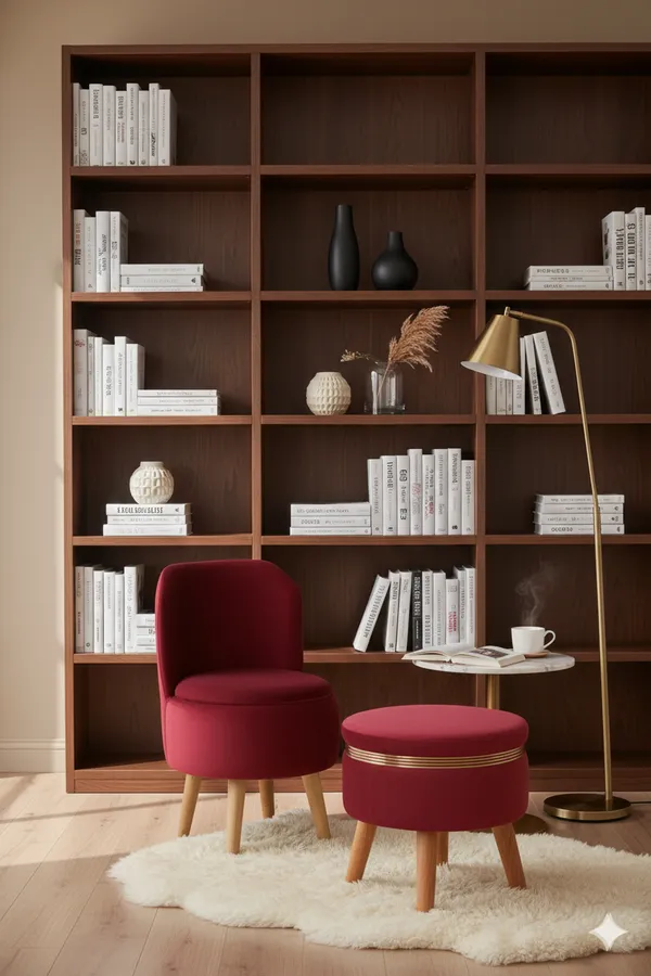 Maroon_Velvet_Ottoman_Chair_&_Pouf_Set_for_Living_Room_|_Modern_Upholstered_Accent_Chair_with_Footrest_Stool,_Wooden_Legs,_Comfortable_Lounge_Seating_for_Bedroom,_Balcony_&_Home_Decor_|_Ottoman_Chair_Set_for_Relaxing_&_Reading