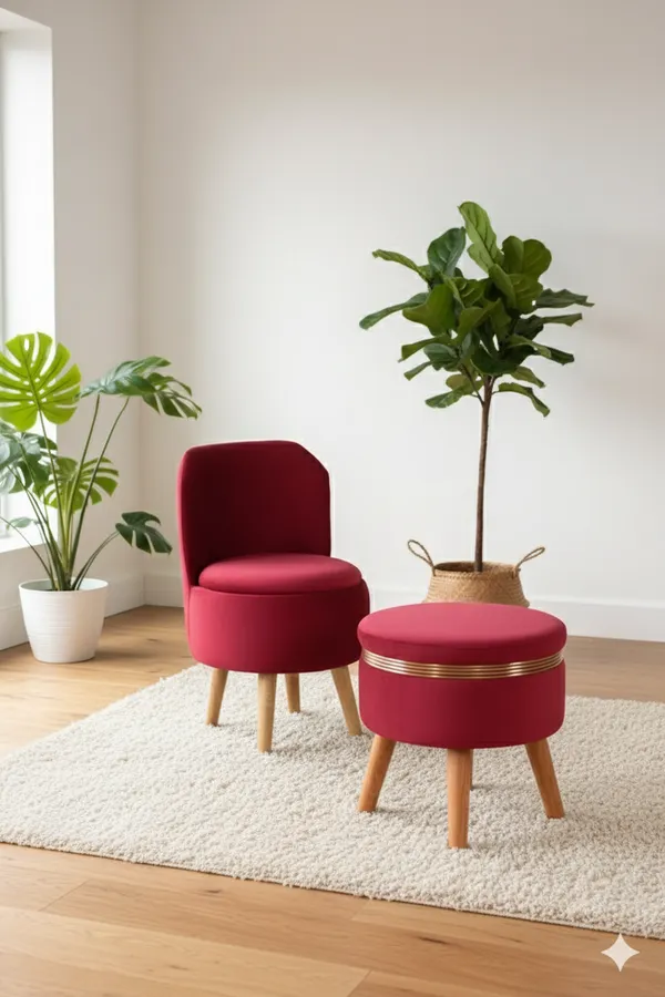 Maroon_Velvet_Ottoman_Chair_&_Pouf_Set_for_Living_Room_|_Modern_Upholstered_Accent_Chair_with_Footrest_Stool,_Wooden_Legs,_Comfortable_Lounge_Seating_for_Bedroom,_Balcony_&_Home_Decor_|_Ottoman_Chair_Set_for_Relaxing_&_Reading