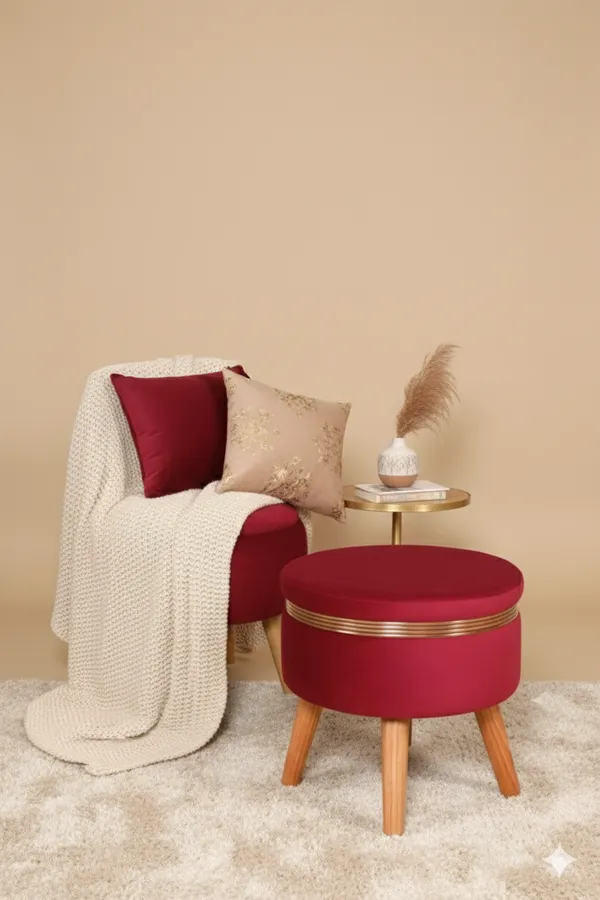 Maroon_Velvet_Ottoman_Chair_&_Pouf_Set_for_Living_Room_|_Modern_Upholstered_Accent_Chair_with_Footrest_Stool,_Wooden_Legs,_Comfortable_Lounge_Seating_for_Bedroom,_Balcony_&_Home_Decor_|_Ottoman_Chair_Set_for_Relaxing_&_Reading