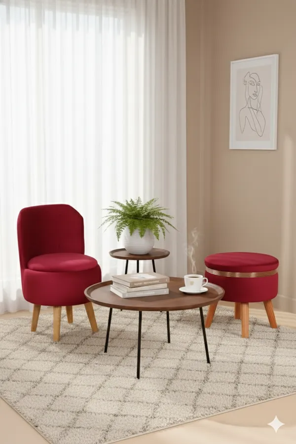 Maroon_Velvet_Ottoman_Chair_&_Pouf_Set_for_Living_Room_|_Modern_Upholstered_Accent_Chair_with_Footrest_Stool,_Wooden_Legs,_Comfortable_Lounge_Seating_for_Bedroom,_Balcony_&_Home_Decor_|_Ottoman_Chair_Set_for_Relaxing_&_Reading