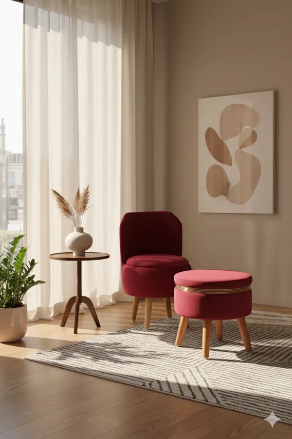 Maroon_Velvet_Ottoman_Chair_&_Pouf_Set_for_Living_Room_|_Modern_Upholstered_Accent_Chair_with_Footrest_Stool,_Wooden_Legs,_Comfortable_Lounge_Seating_for_Bedroom,_Balcony_&_Home_Decor_|_Ottoman_Chair_Set_for_Relaxing_&_Reading