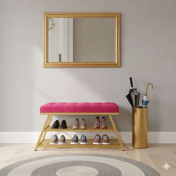 Pink_Comfortable_Seating_Bench_and_2-Tier_Shoe_Storage_Organizer_for_Hallway_or_Entryway