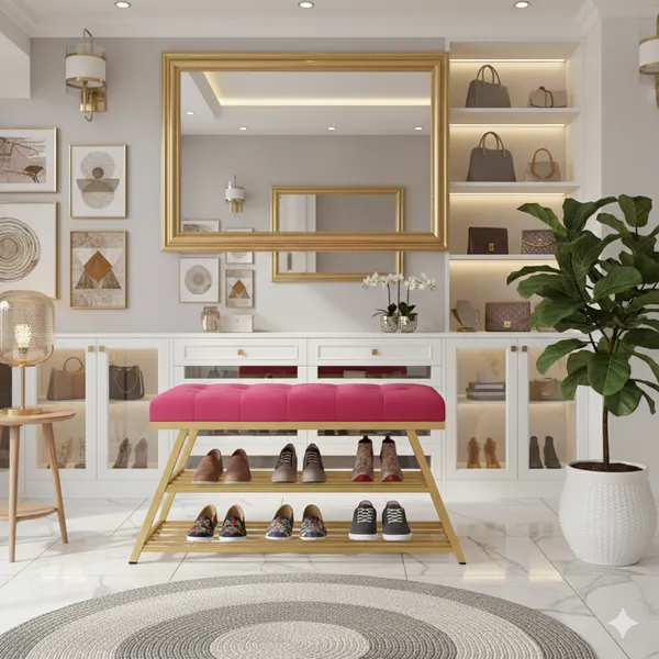Pink_Comfortable_Seating_Bench_and_2-Tier_Shoe_Storage_Organizer_for_Hallway_or_Entryway