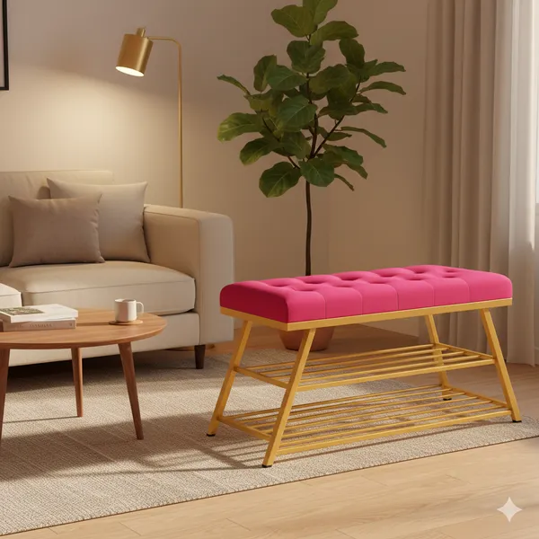 Pink_Comfortable_Seating_Bench_and_2-Tier_Shoe_Storage_Organizer_for_Hallway_or_Entryway