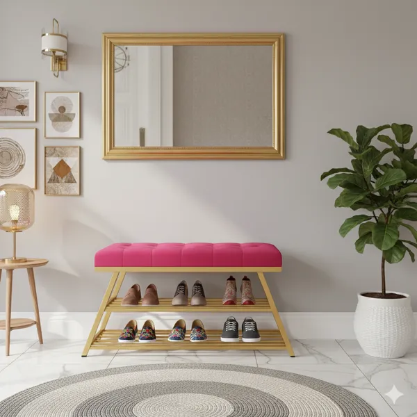 Pink_Comfortable_Seating_Bench_and_2-Tier_Shoe_Storage_Organizer_for_Hallway_or_Entryway