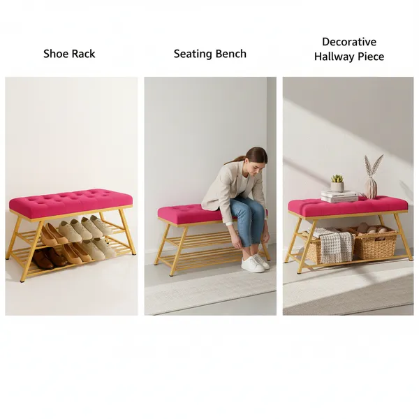 Pink_Comfortable_Seating_Bench_and_2-Tier_Shoe_Storage_Organizer_for_Hallway_or_Entryway
