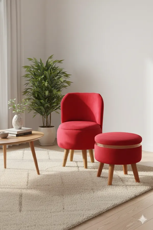 Red_Velvet_Ottoman_Chair_&_Pouf_Set_for_Living_Room_|_Modern_Upholstered_Accent_Chair_with_Footrest_Stool,_Wooden_Legs,_Comfortable_Lounge_Seating_for_Bedroom,_Balcony_&_Home_Decor_|_Ottoman_Chair_Set_for_Relaxing_&_Reading