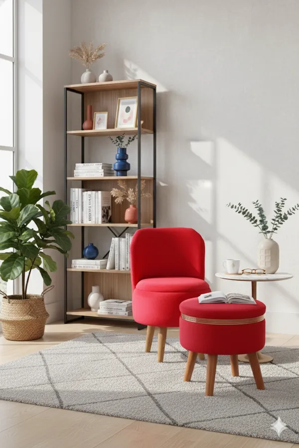 Red_Velvet_Ottoman_Chair_&_Pouf_Set_for_Living_Room_|_Modern_Upholstered_Accent_Chair_with_Footrest_Stool,_Wooden_Legs,_Comfortable_Lounge_Seating_for_Bedroom,_Balcony_&_Home_Decor_|_Ottoman_Chair_Set_for_Relaxing_&_Reading