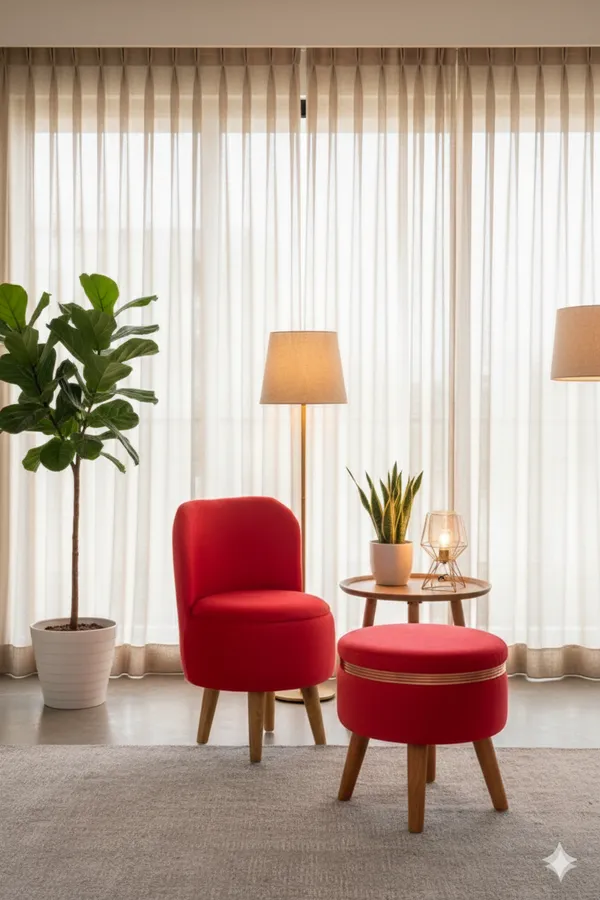 Red_Velvet_Ottoman_Chair_&_Pouf_Set_for_Living_Room_|_Modern_Upholstered_Accent_Chair_with_Footrest_Stool,_Wooden_Legs,_Comfortable_Lounge_Seating_for_Bedroom,_Balcony_&_Home_Decor_|_Ottoman_Chair_Set_for_Relaxing_&_Reading