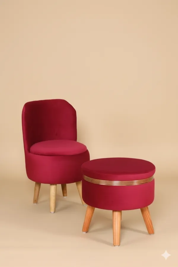 Red_Velvet_Ottoman_Chair_&_Pouf_Set_for_Living_Room_|_Modern_Upholstered_Accent_Chair_with_Footrest_Stool,_Wooden_Legs,_Comfortable_Lounge_Seating_for_Bedroom,_Balcony_&_Home_Decor_|_Ottoman_Chair_Set_for_Relaxing_&_Reading