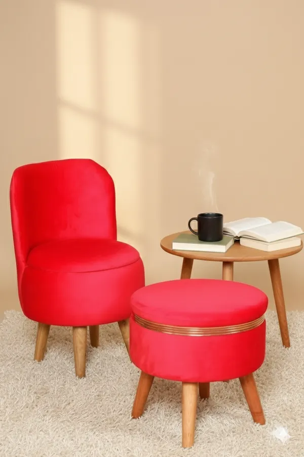 Red_Velvet_Ottoman_Chair_&_Pouf_Set_for_Living_Room_|_Modern_Upholstered_Accent_Chair_with_Footrest_Stool,_Wooden_Legs,_Comfortable_Lounge_Seating_for_Bedroom,_Balcony_&_Home_Decor_|_Ottoman_Chair_Set_for_Relaxing_&_Reading