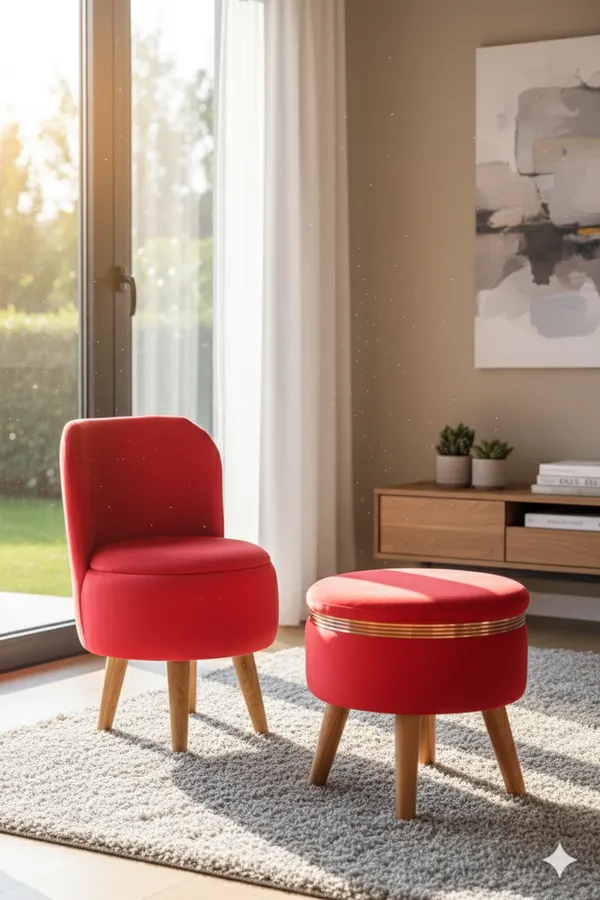 Red_Velvet_Ottoman_Chair_&_Pouf_Set_for_Living_Room_|_Modern_Upholstered_Accent_Chair_with_Footrest_Stool,_Wooden_Legs,_Comfortable_Lounge_Seating_for_Bedroom,_Balcony_&_Home_Decor_|_Ottoman_Chair_Set_for_Relaxing_&_Reading