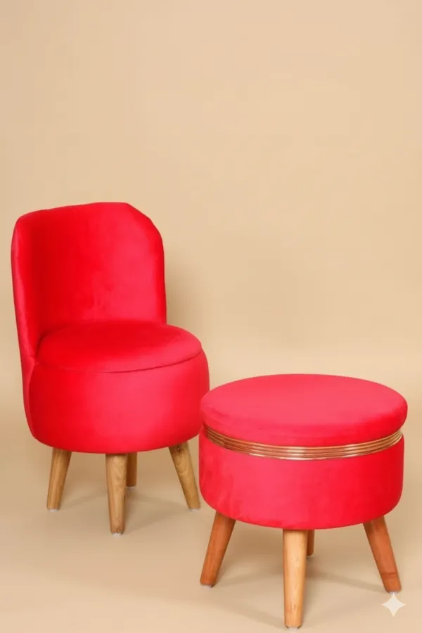 Red_Velvet_Ottoman_Chair_&_Pouf_Set_for_Living_Room_|_Modern_Upholstered_Accent_Chair_with_Footrest_Stool,_Wooden_Legs,_Comfortable_Lounge_Seating_for_Bedroom,_Balcony_&_Home_Decor_|_Ottoman_Chair_Set_for_Relaxing_&_Reading