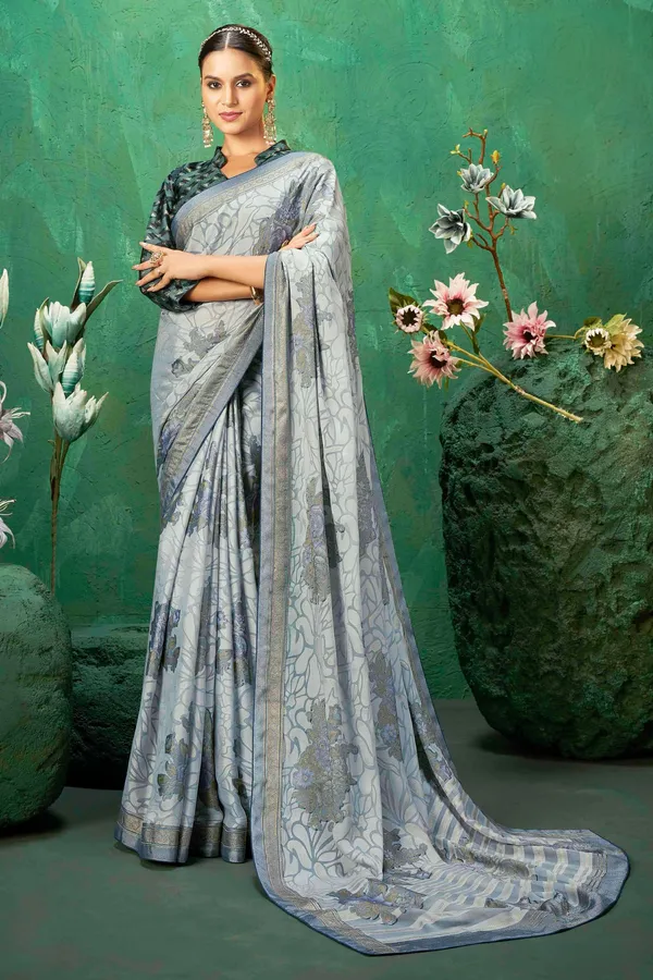 Multicolor_Exclusive_Brasso_Fabric_With_Featuring_Delicate_Floral_Patterns_&_A_Subtle_Shimmer_With_Designer_Border_For_Festive_Elegance_&_Effortless_Drape.