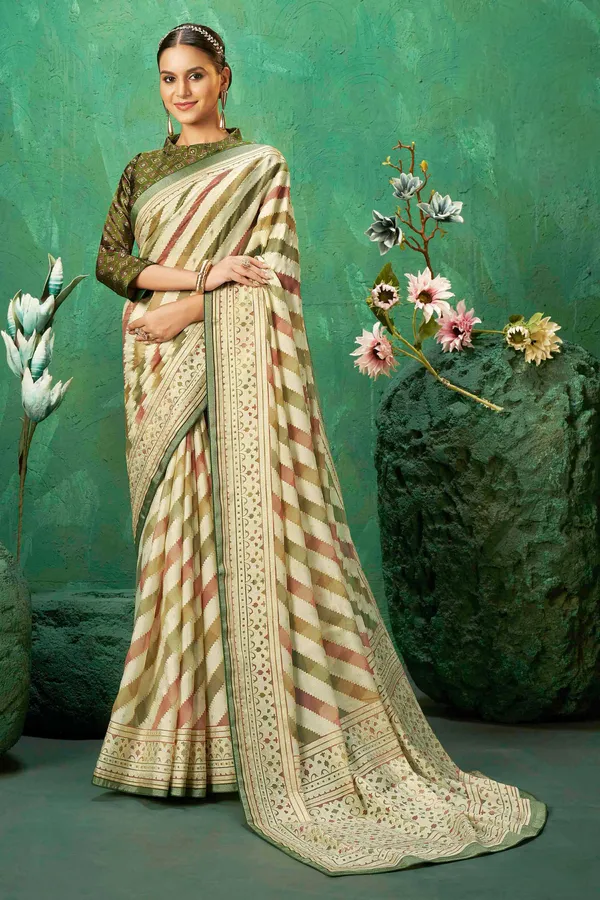 Ivory_&_Gold_Color_Exclusive_Brasso_Fabric_With_Combination_Featuring_Elegant_Diagonal_Stripes_With_Rich_Look_Contrast_Border_For_Festive_Gatherings_&_Timeless_Ethnic_Style.