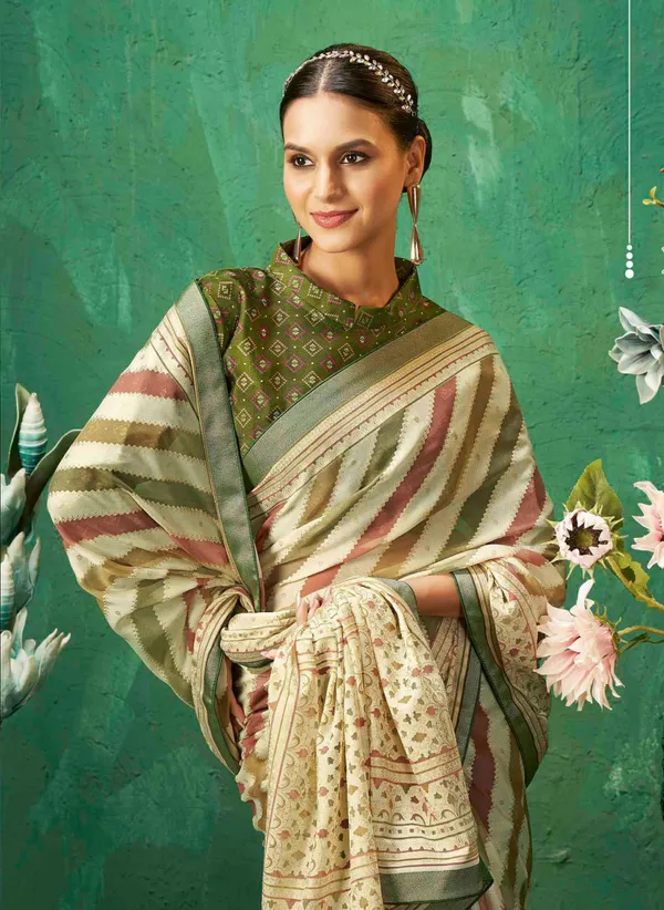 Ivory_&_Gold_Color_Exclusive_Brasso_Fabric_With_Combination_Featuring_Elegant_Diagonal_Stripes_With_Rich_Look_Contrast_Border_For_Festive_Gatherings_&_Timeless_Ethnic_Style.