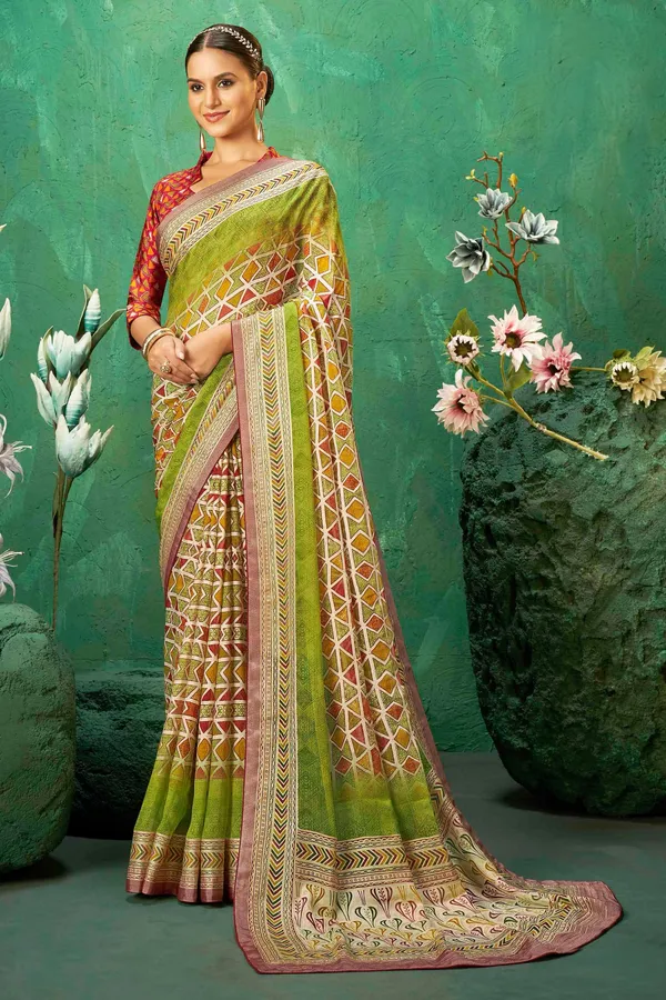 Vibrant_Green_Color_Exclusive_Brasso_Fabric_With_Combination_Adorned_With_Multi-Color_Geometric_Patterns_With_An_Ornate_Border_For_Festive_Celebrations_&_Statement_Ethnic_Style.