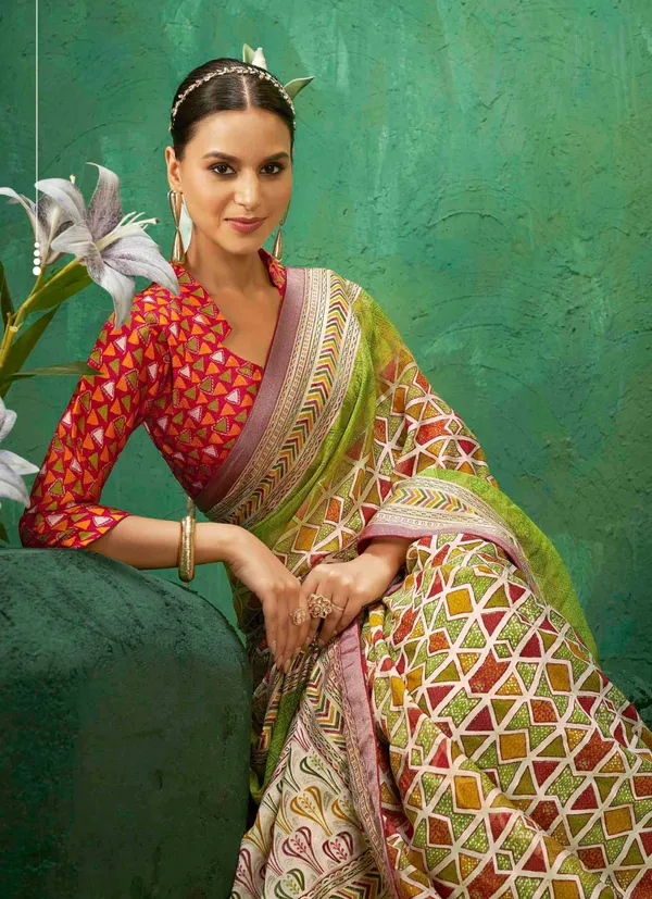 Vibrant_Green_Color_Exclusive_Brasso_Fabric_With_Combination_Adorned_With_Multi-Color_Geometric_Patterns_With_An_Ornate_Border_For_Festive_Celebrations_&_Statement_Ethnic_Style.